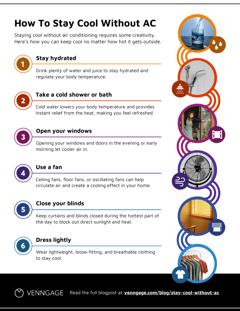 Infographic with tips for staying cool without air conditioning: Drink water, take cold showers, open windows at cool times, use fans, close blinds to block sun, and wear light clothing. Visit VENNGAGE for more details.
