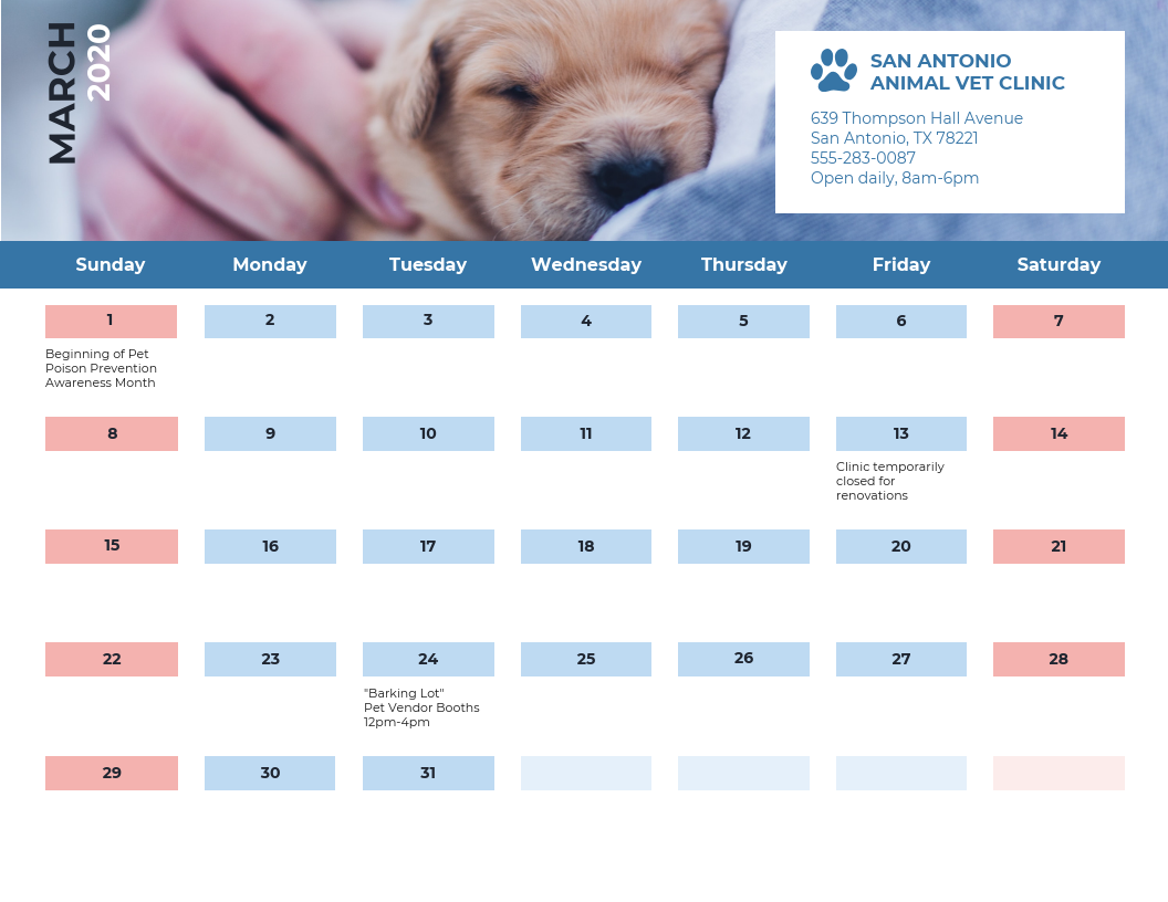 Vet Clinic Work Calendar Template