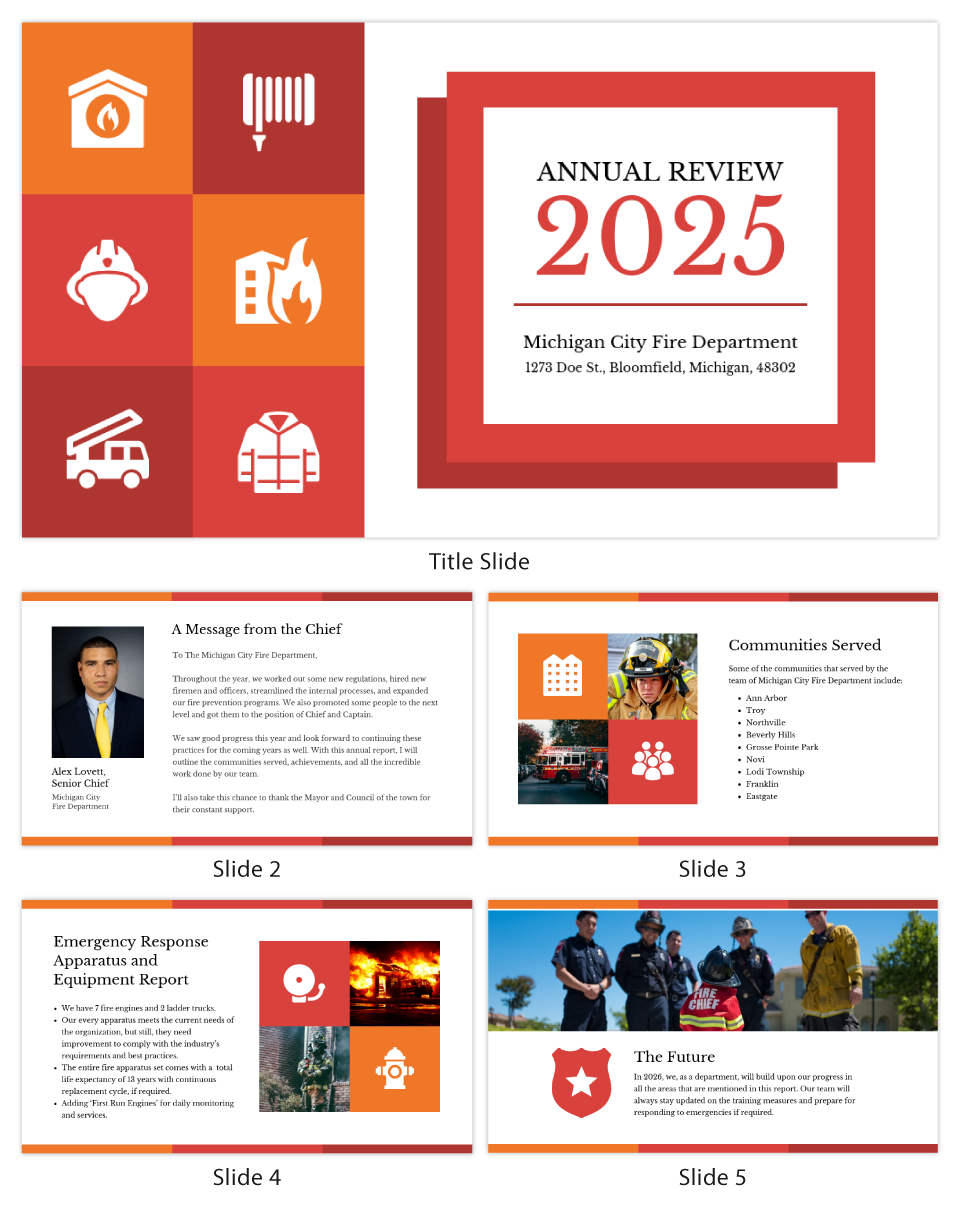 The image displays a graphic layout for the cover of an 'Annual Review 2025' report for the Michigan City Fire Department, located at 1273 Doe St., Bloomfield, Michigan, 48302. The left side of the image has a grid pattern with fire department-related icons in white, including a house with a flame symbol, a radiator, a firefighter helmet, a building with flames in the windows, a fire truck, and a firefighter's jacket, all set against a warm orange-red backdrop. The right side of the image shows the title of the review 'ANNUAL REVIEW 2025' prominently in large, bold, white numbers centered within a series of concentric white and red borders.