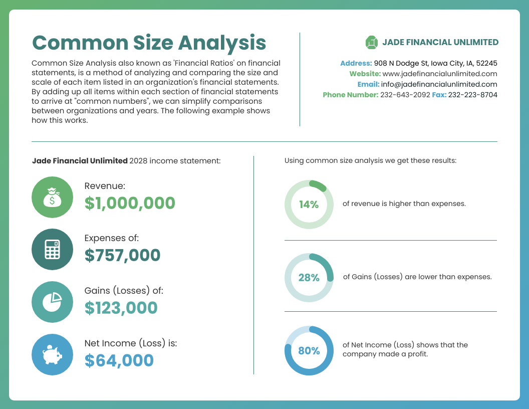Infographic titled 'Common Size Analysis' for Jade Financial Unlimited showing a 2028 income statement with a $1,000,000 revenue, $757,000 in expenses, $123,000 gains, and $64,000 net income. Includes contact information for the company and percentages demonstrating financial comparisons such as 14% of revenue being higher than expenses.