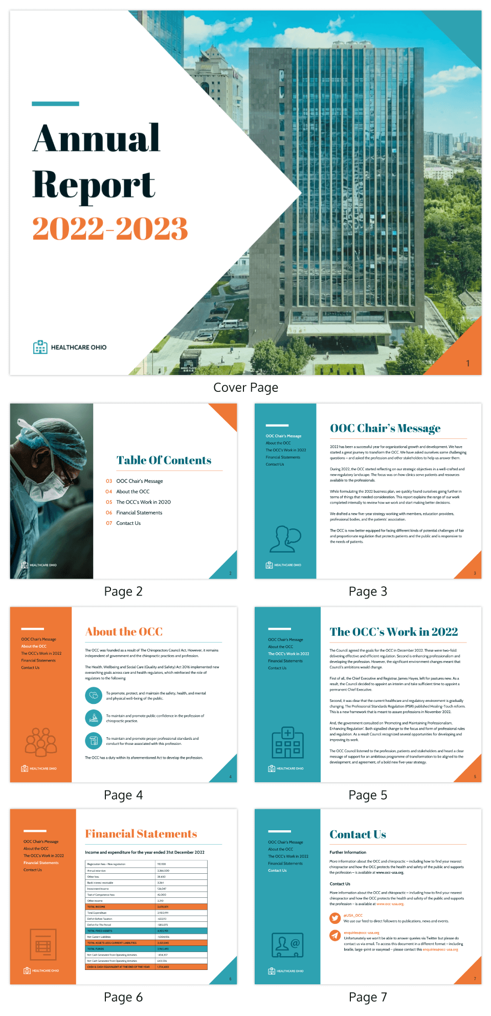 Cover of the Annual Report for 2022-2023 for Healthcare Ohio, featuring a large image of a modern, multi-story healthcare facility.