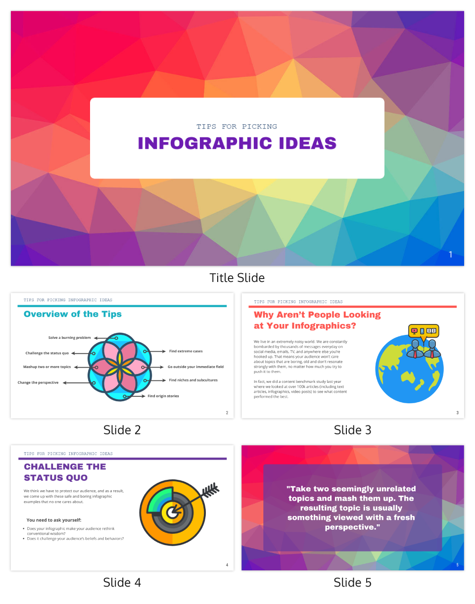 The image is a title slide with a vibrant, multicolored polygonal background transitioning through shades of red, orange, yellow, green, blue, and purple. Centered on the slide within a white, elongated rounded rectangle is the text 'TIPS FOR PICKING INFOGRAPHIC IDEAS' in bold, capital letters. This suggests that the subsequent slides or content will provide advice or strategies on how to come up with ideas for creating infographics. The bottom right corner displays the number 1, indicating that this is the first slide in a series.