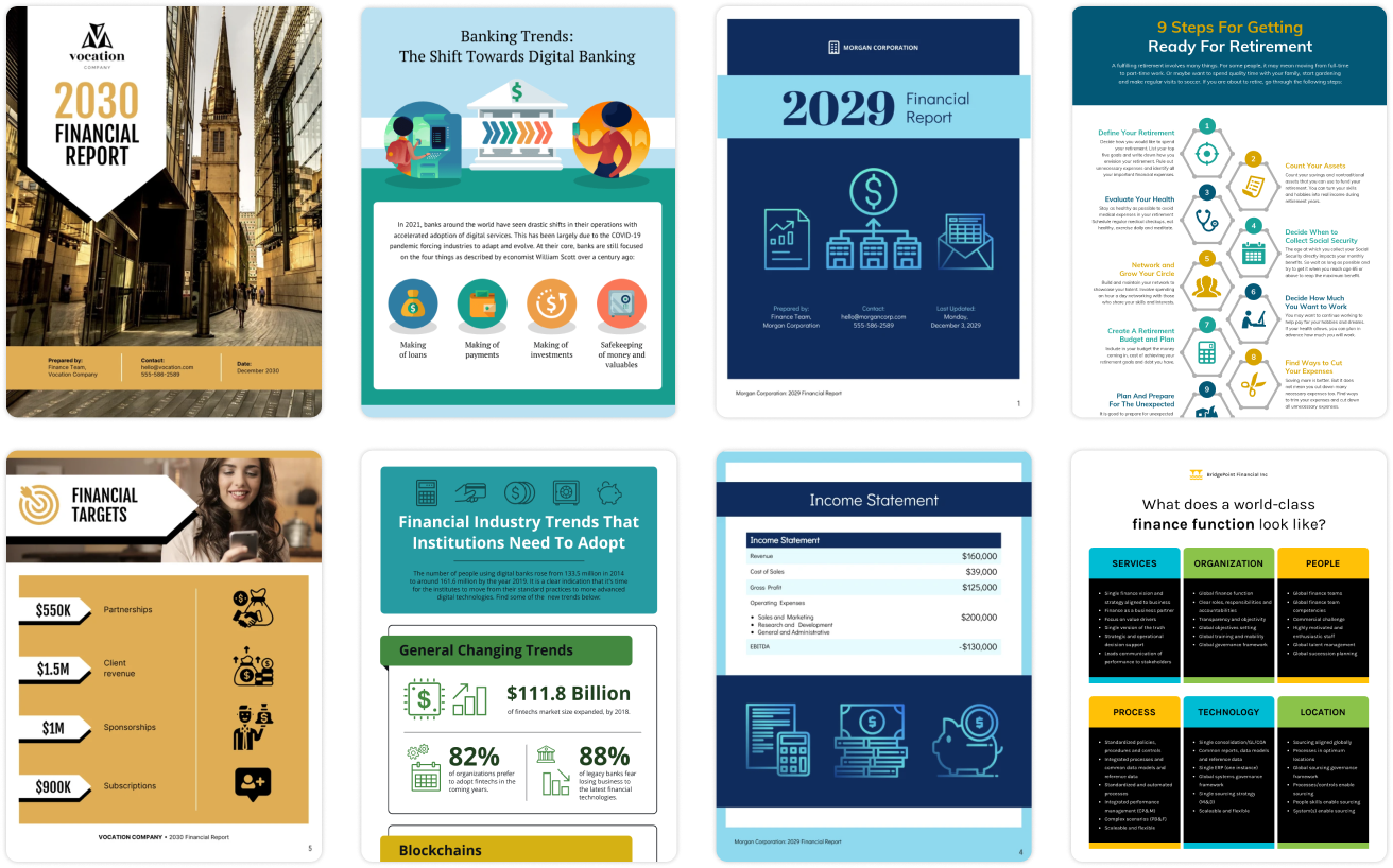 Collage of various financial report covers and infographic pages including topics like 2030 financial report, digital banking trends, retirement steps, financial targets, industry trends, income statement, and components of a world-class finance function.