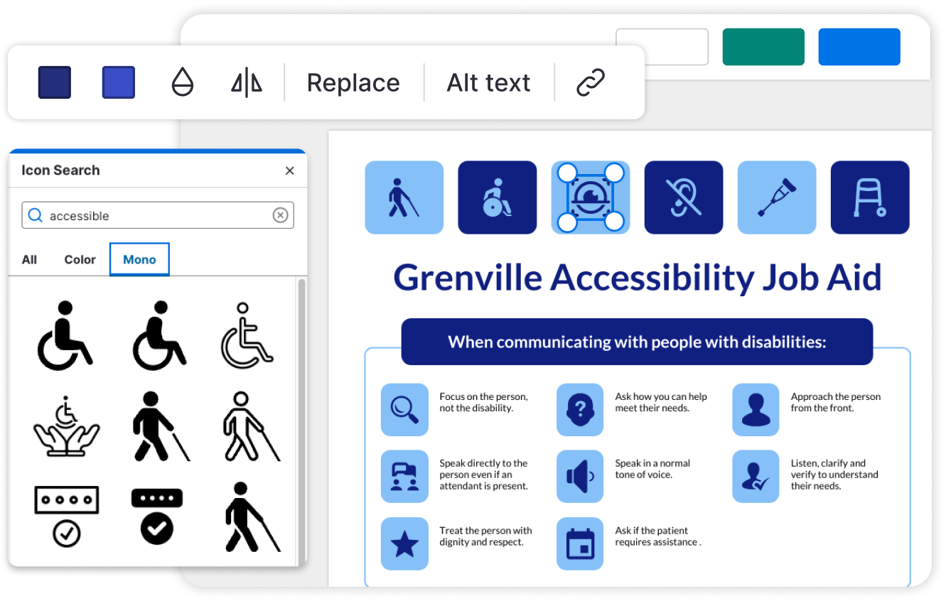 Screenshot of a digital accessibility job aid with various icons and tips for communicating with people with disabilities. The image shows a search interface for icons labeled 'accessible' with options for color or mono, and a selection of accessibility-related icons. Below is a section titled 'Grenville Accessibility Job Aid' with bullet points providing guidance such as focusing on the person, not the disability, asking how to help, approaching from the front, speaking directly and in a normal tone, treating with dignity and respect, and listening to understand their needs.