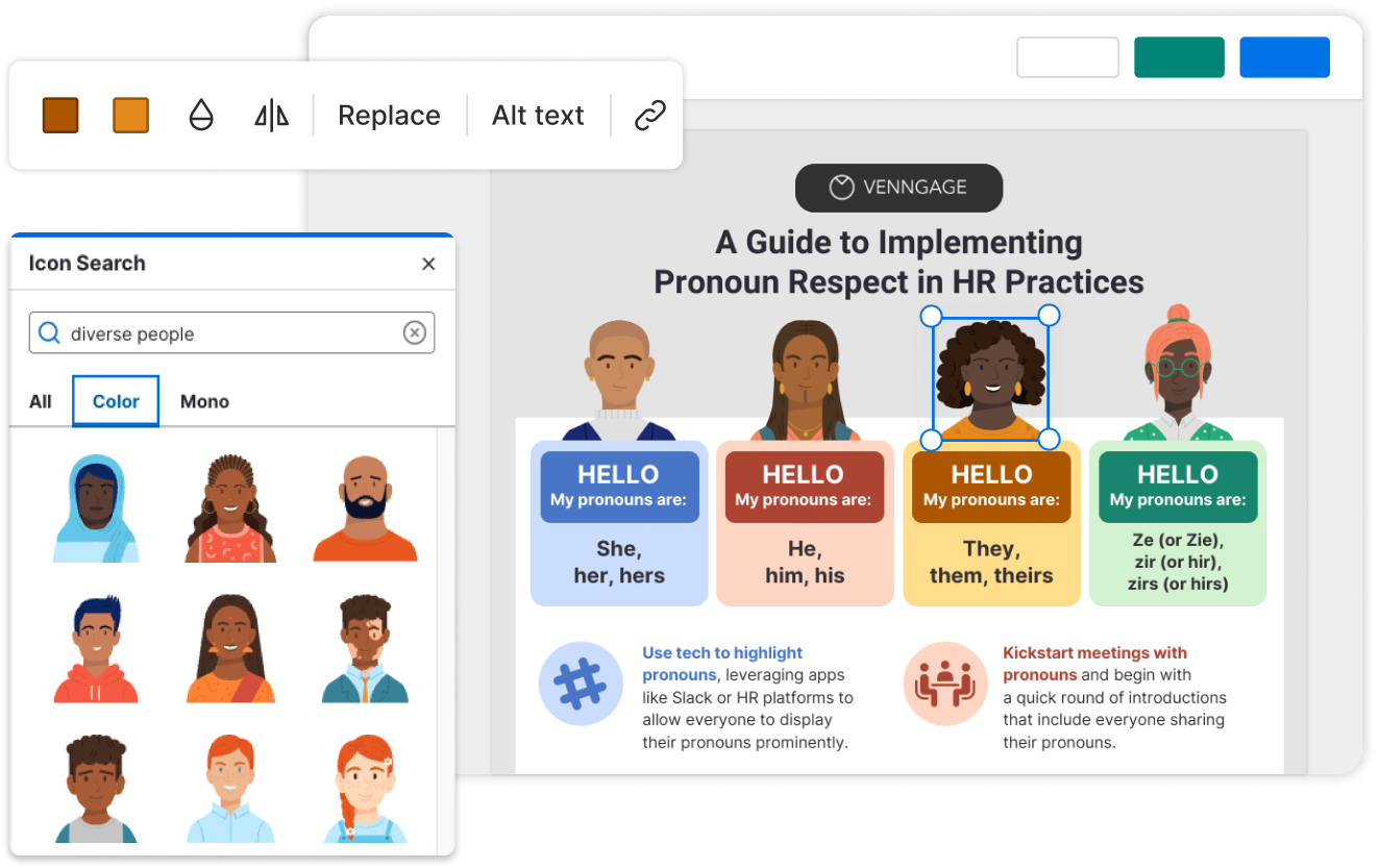 Screenshot of a digital infographic titled 'A Guide to Implementing Pronoun Respect in HR Practices' by Venngage, featuring diverse illustrated characters with name tags stating their pronouns, such as 'She, her, hers', 'He, him, his', 'They, them, theirs', and 'Ze (or Zie), zir (or hir), zirs (or hirs)'. Additional text suggests using technology to highlight pronouns and starting meetings with pronoun introductions. An icon search window with the term 'diverse people' is also visible.