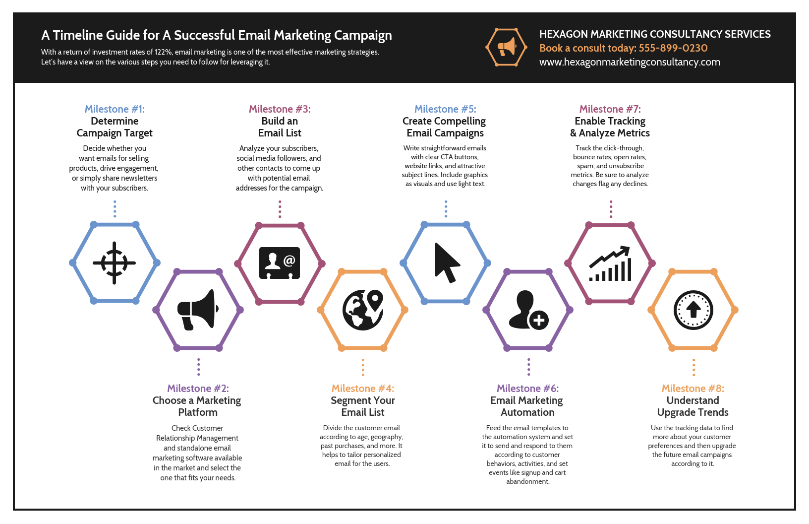Infographic layout marketing campaign consultant timeline