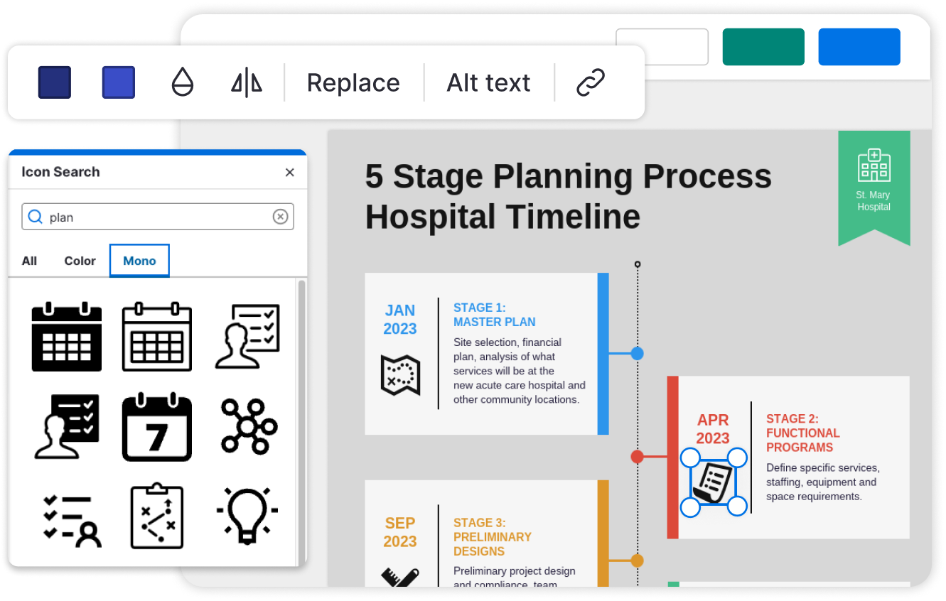 Screenshot of a digital interface showing a '5 Stage Planning Process Hospital Timeline' with stages listed from January to September 2023, including 'Master Plan', 'Functional Programs', and 'Preliminary Designs.' A search bar with the word 'plan' is visible, and various planning-related icons are displayed.