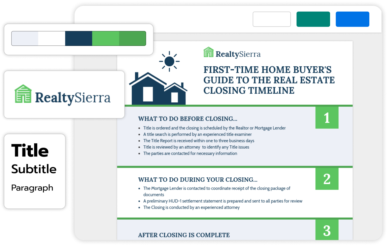 Infographic titled 'First-Time Home Buyer's Guide to the Real Estate Closing Timeline' by RealtySierra, detailing steps before, during, and after closing on a house, including tasks such as title search, reviewing documents, and finalizing the closing process.