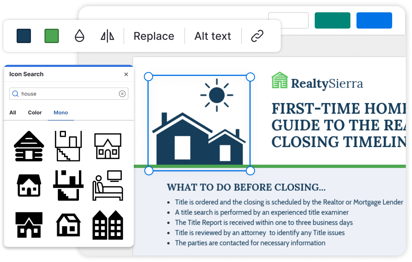 Graphic interface showing a document editing software with an infographic titled 'FIRST-TIME HOME BUYER'S GUIDE TO THE REAL ESTATE CLOSING TIMELINE' with a list of steps for what to do before closing on a house, and a search panel for house icons on the left.