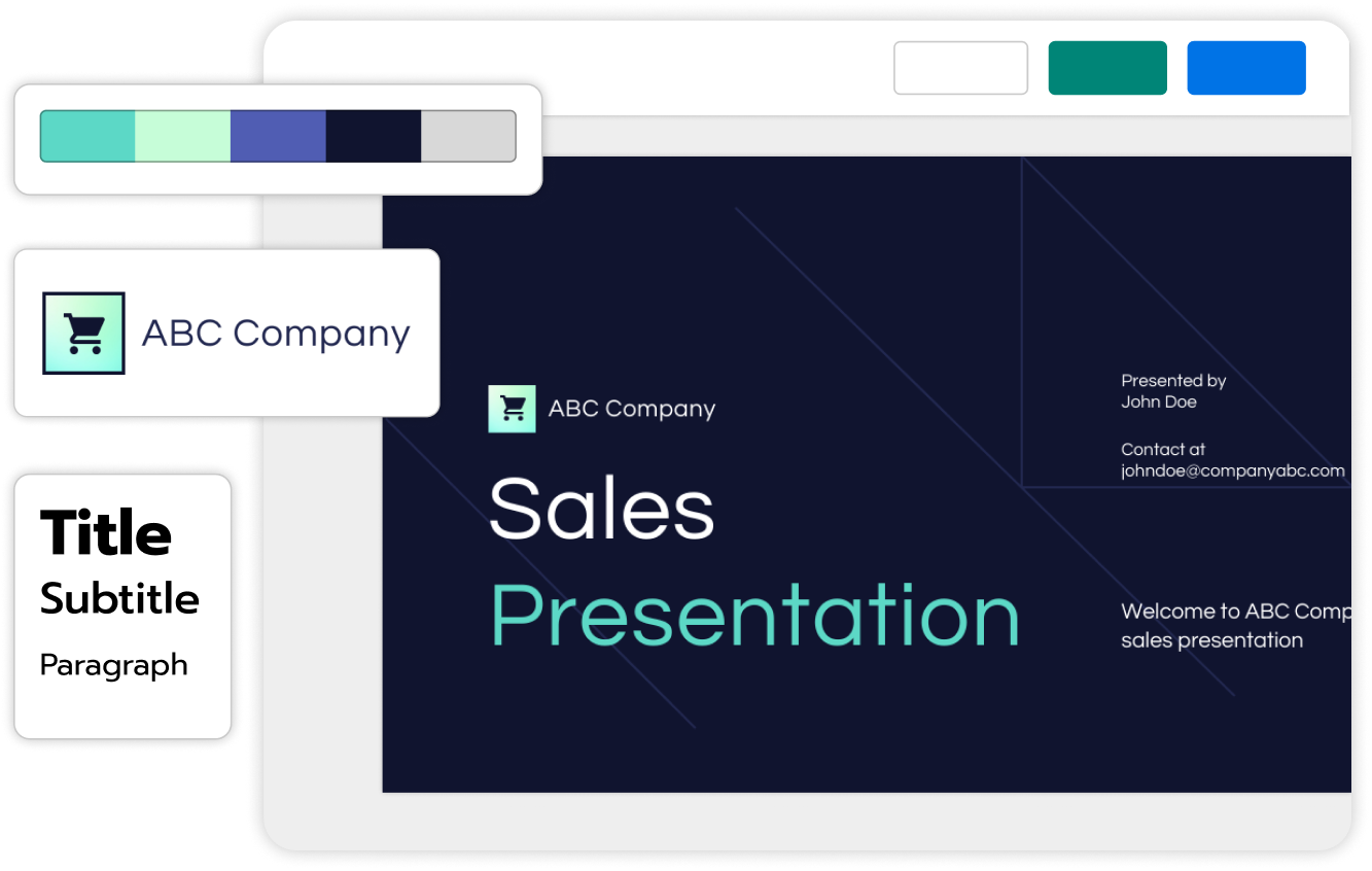 Illustration of a sales presentation slide with the title 'Sales Presentation' for ABC Company, presented by John Doe with contact information. Visible elements include a browser window mockup, presentation title slide, and additional slide thumbnails with generic titles.