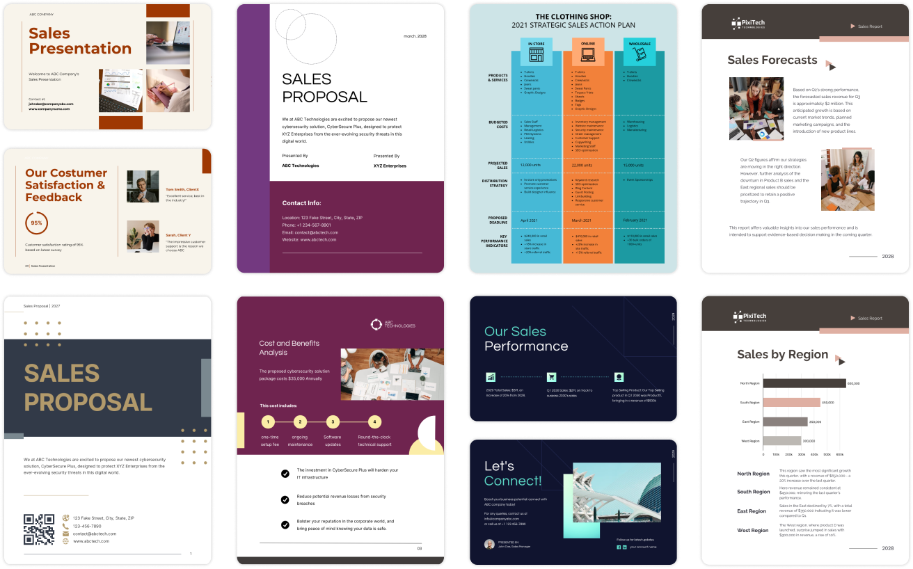 A collage of various business presentation slides including topics like Sales Presentation, Sales Proposal, Customer Satisfaction Feedback, Strategic Sales Action Plan, Sales Forecasts, Cost and Benefits Analysis, Sales Performance, and Sales by Region.