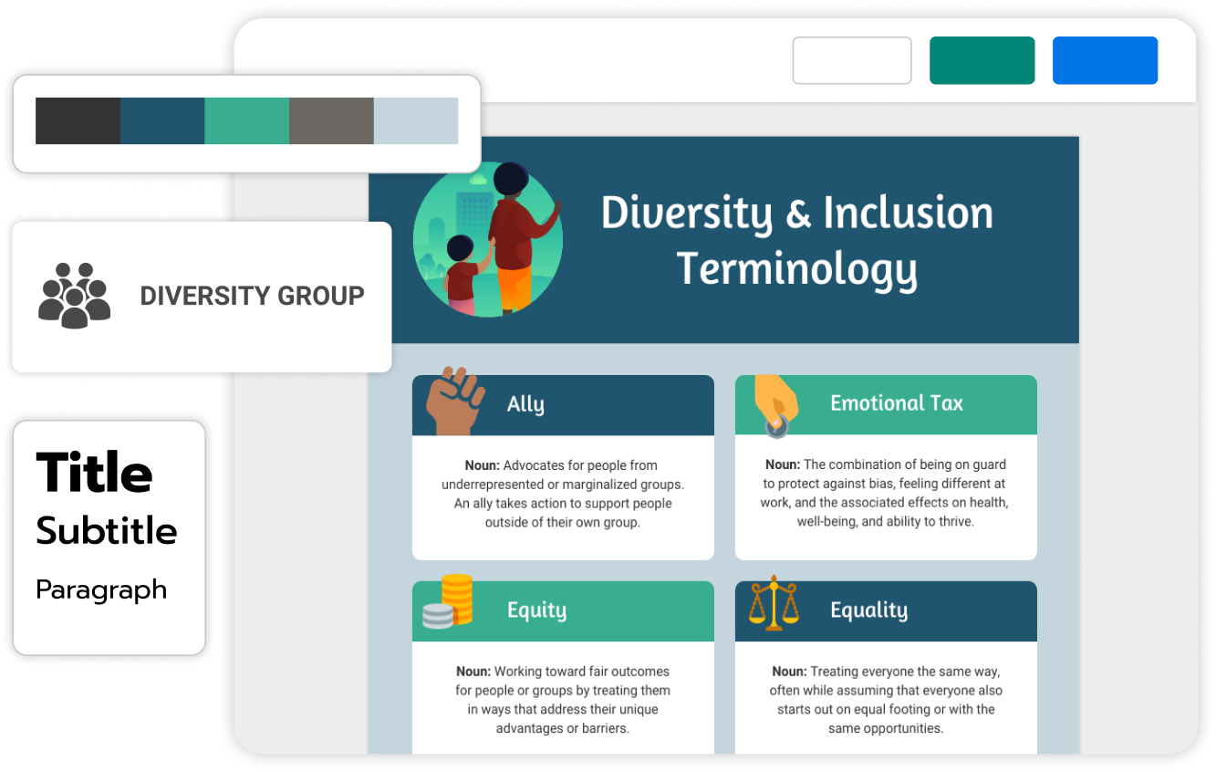 Illustration of a web page interface with a focus on Diversity & Inclusion Terminology, featuring definitions for terms such as Ally, Emotional Tax, Equity, and Equality, along with relevant icons and a sidebar titled Diversity Group.