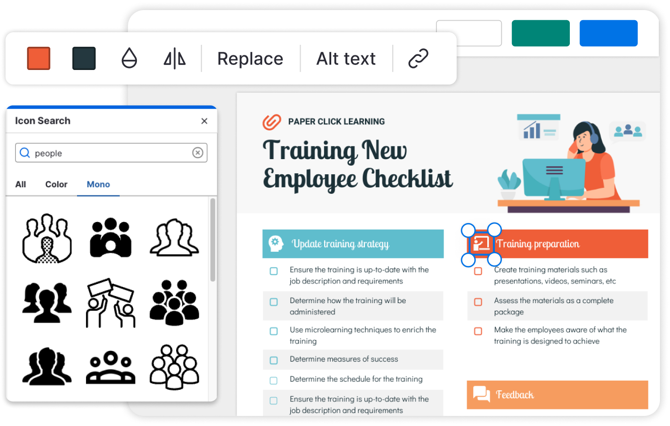 Screenshot of a graphic user interface for creating a training checklist, featuring a search for 'people' icons and a document titled 'Training New Employee Checklist' with various tasks and sections such as 'Update training strategy', 'Training preparation', and 'Feedback'. A cartoon illustration of a woman working on a computer is visible on the right side of the checklist.
